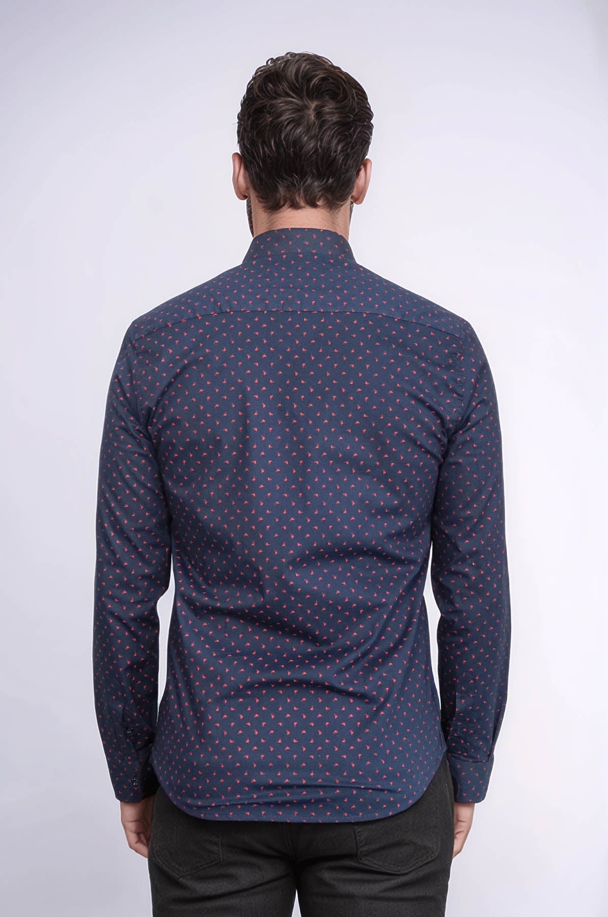 Men’s Navy Shirt with Minimal Red Pattern – fabric detail view
