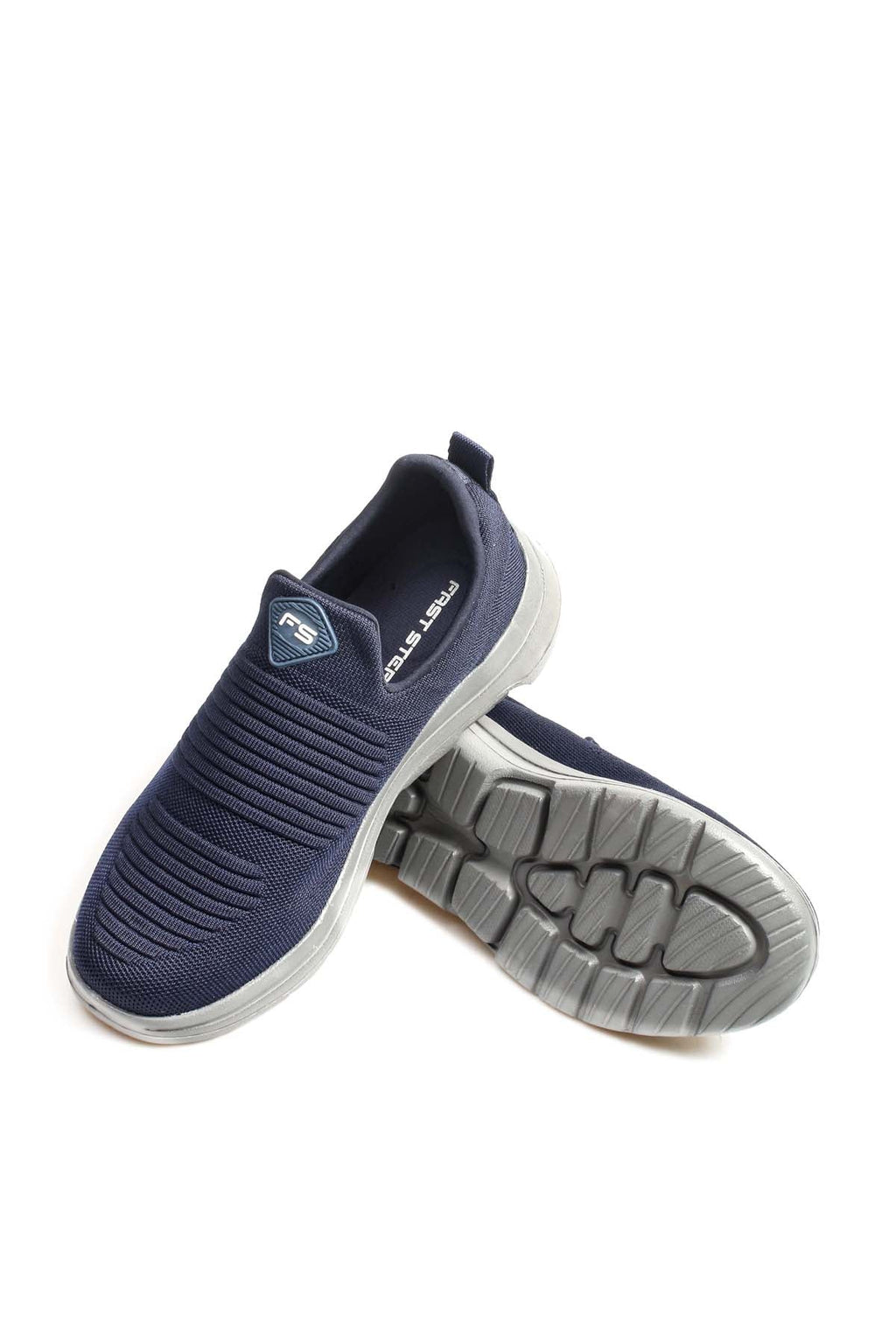 Men's Navy Slip-On Athletic Sneakers with Knit Upper – styled view