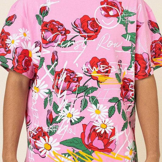 Men's Shirts - Tee's Mens Pink Allover Rose Bloom Print Tee Shirt