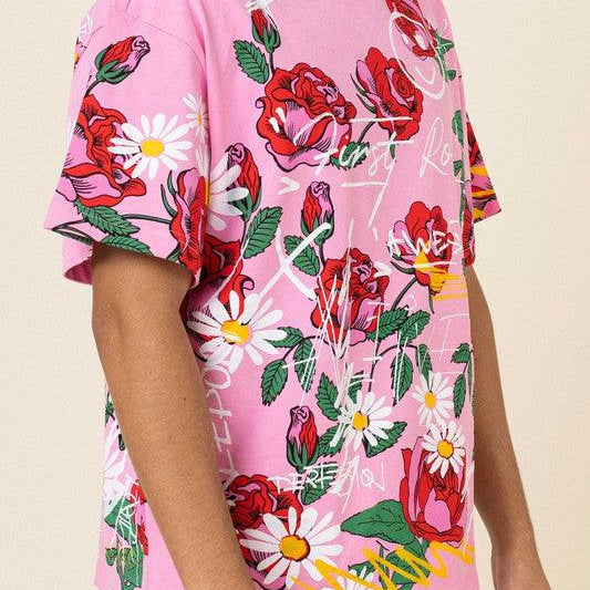 Men's Shirts - Tee's Mens Pink Allover Rose Bloom Print Tee Shirt