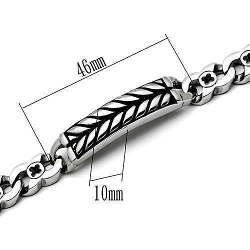 Men's polished steel bracelet featuring a braided design and precise measurements for a stylish look
