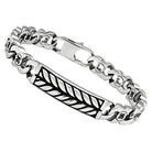 Men's polished steel bracelet with intricate leaf design and secure clasp for stylish wear