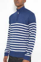 Men's Sweaters Mens Quarter Zip Up Navy White Striped Sweater