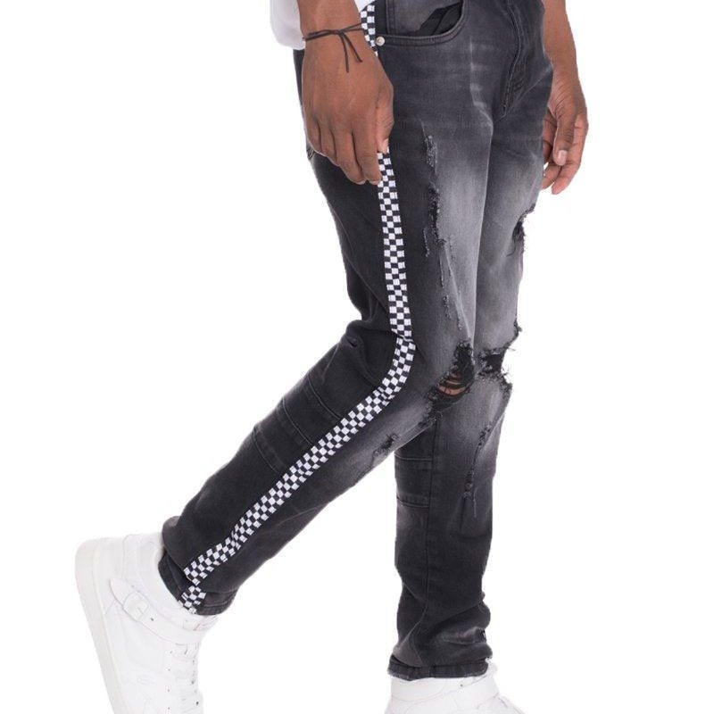 Men's Pants - Jeans Mens Racer Stripe Black Denim Jeans Faded Wash