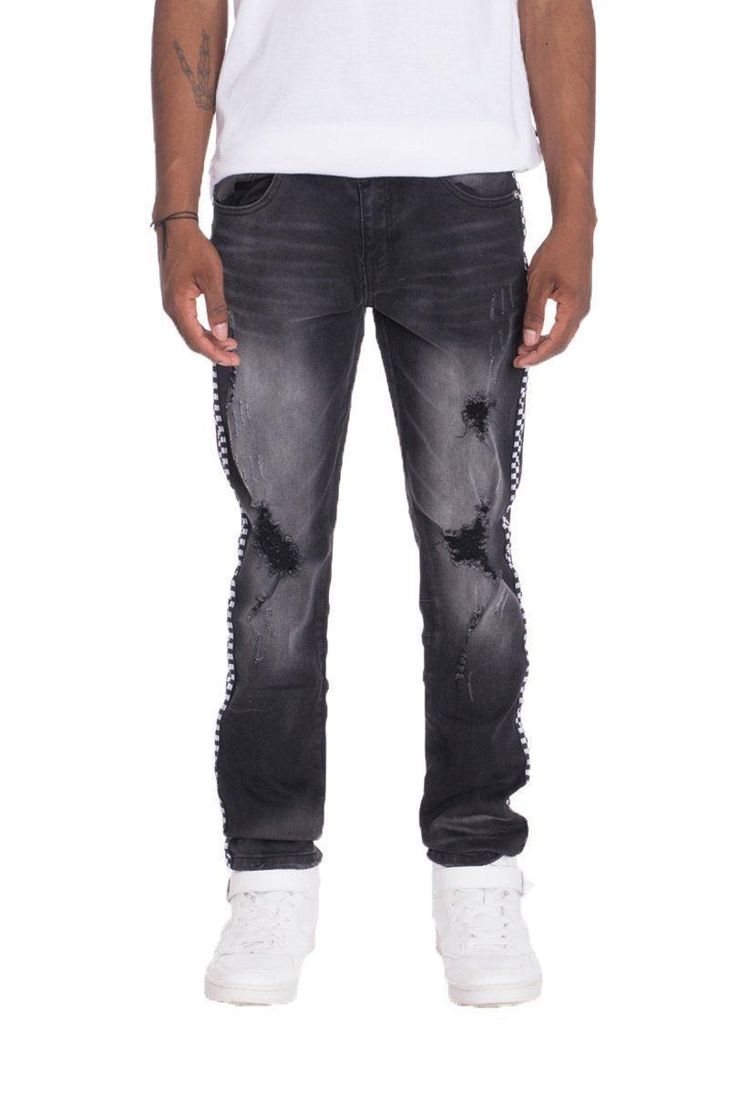 Men's Pants - Jeans Mens Racer Stripe Black Denim Jeans Faded Wash