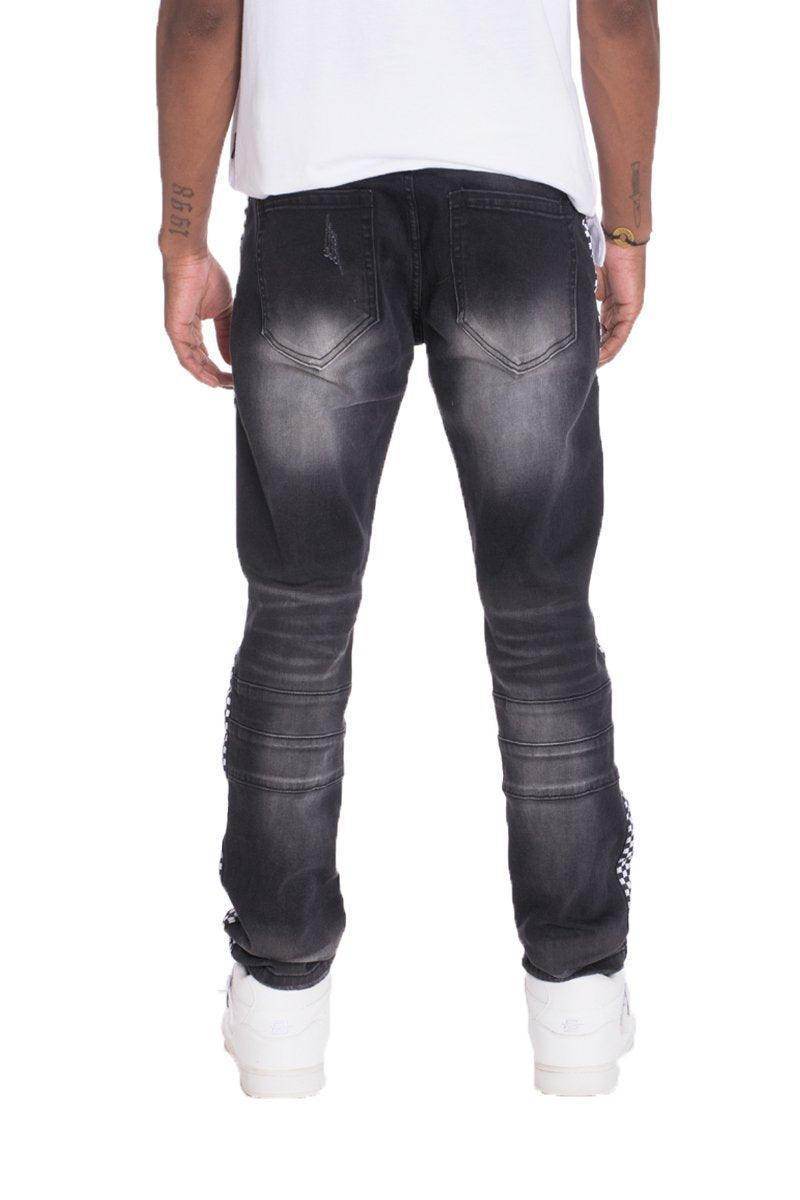 Men's Racer Stripe Jeans by VacationGrabs in dark wash with a slim fit design and stylish back view