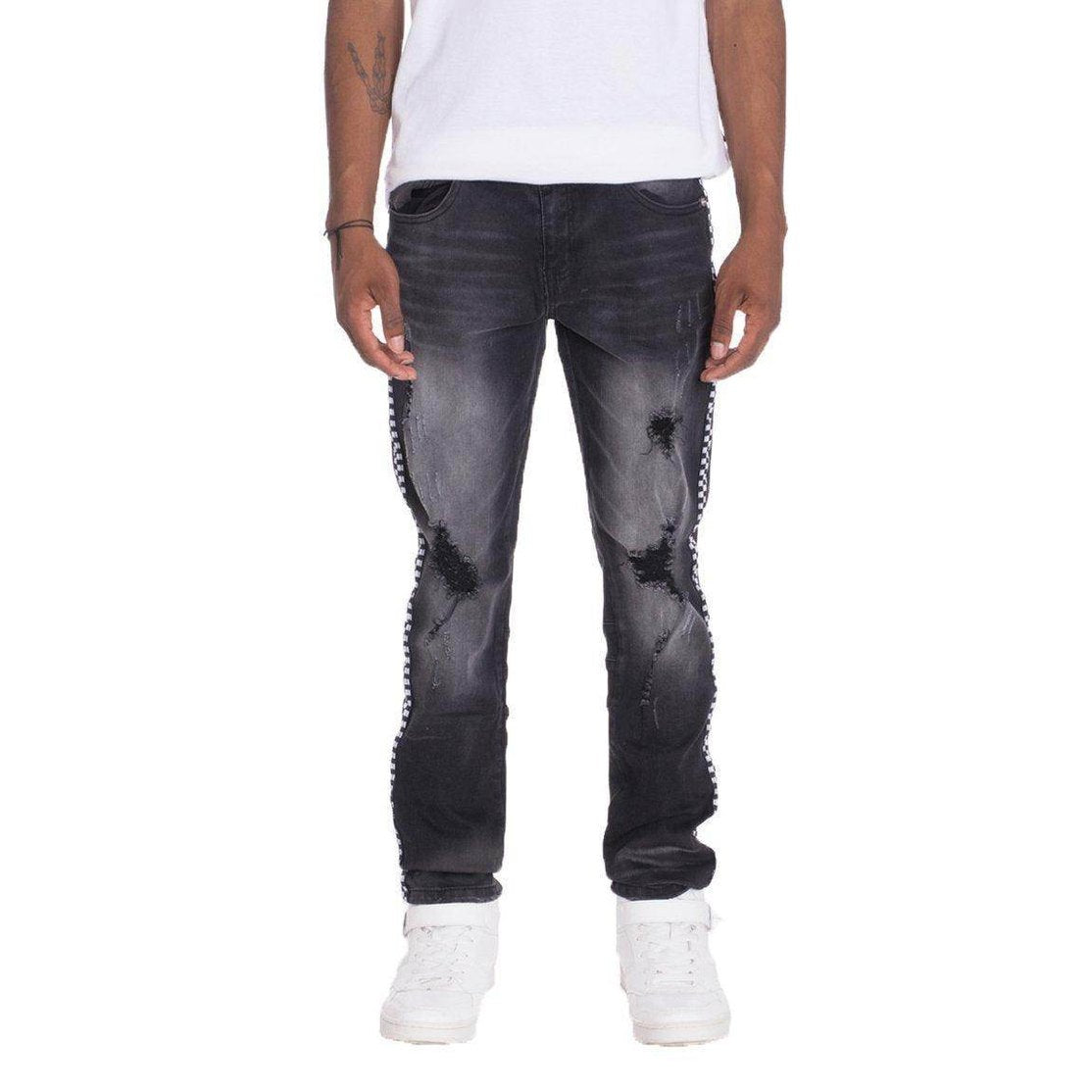 VacationGrabs mens racer stripe jeans in black with stylish distressing and a slim fit design