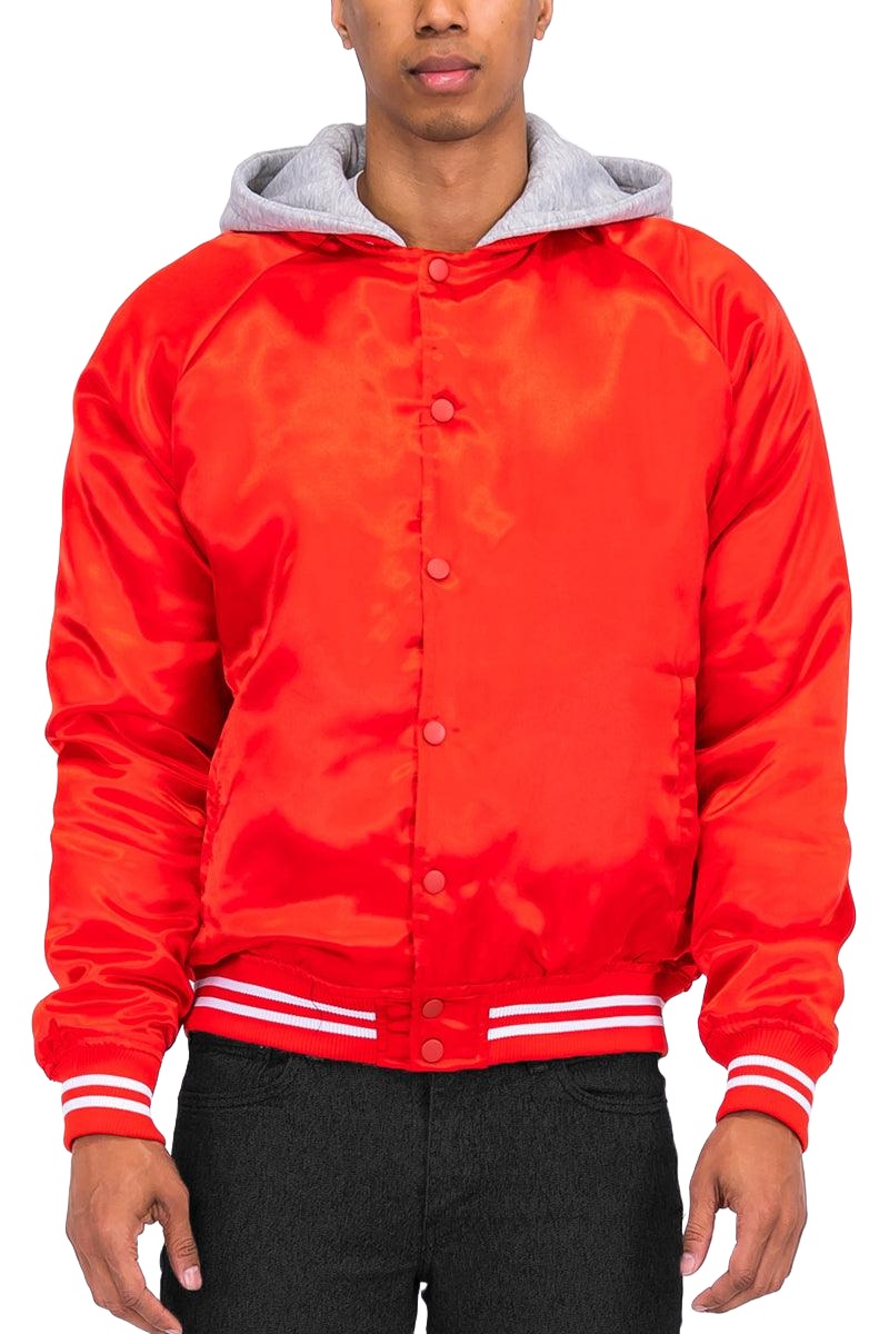 Men's Jackets Mens Red And Gray Satin Hooded Varsity Jacket