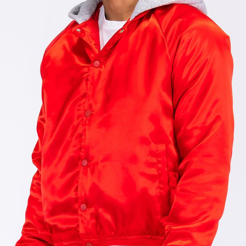 Men's Jackets Mens Red And Gray Satin Hooded Varsity Jacket