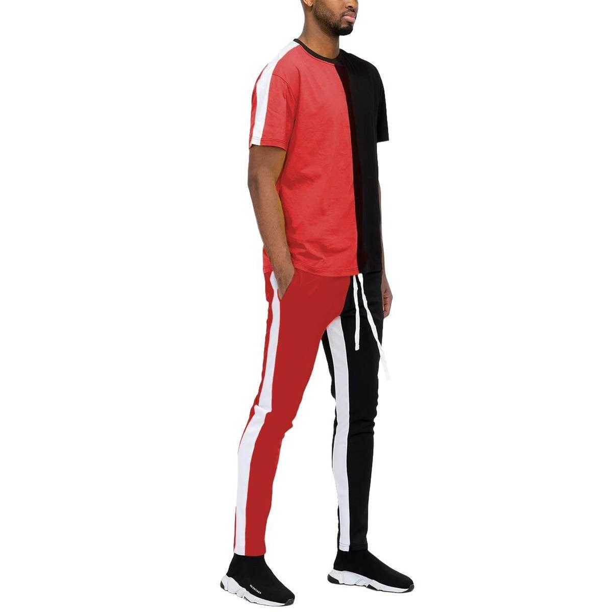 Mens Red Black Two Way Split Tshirt Pants Set - VacationGrabs