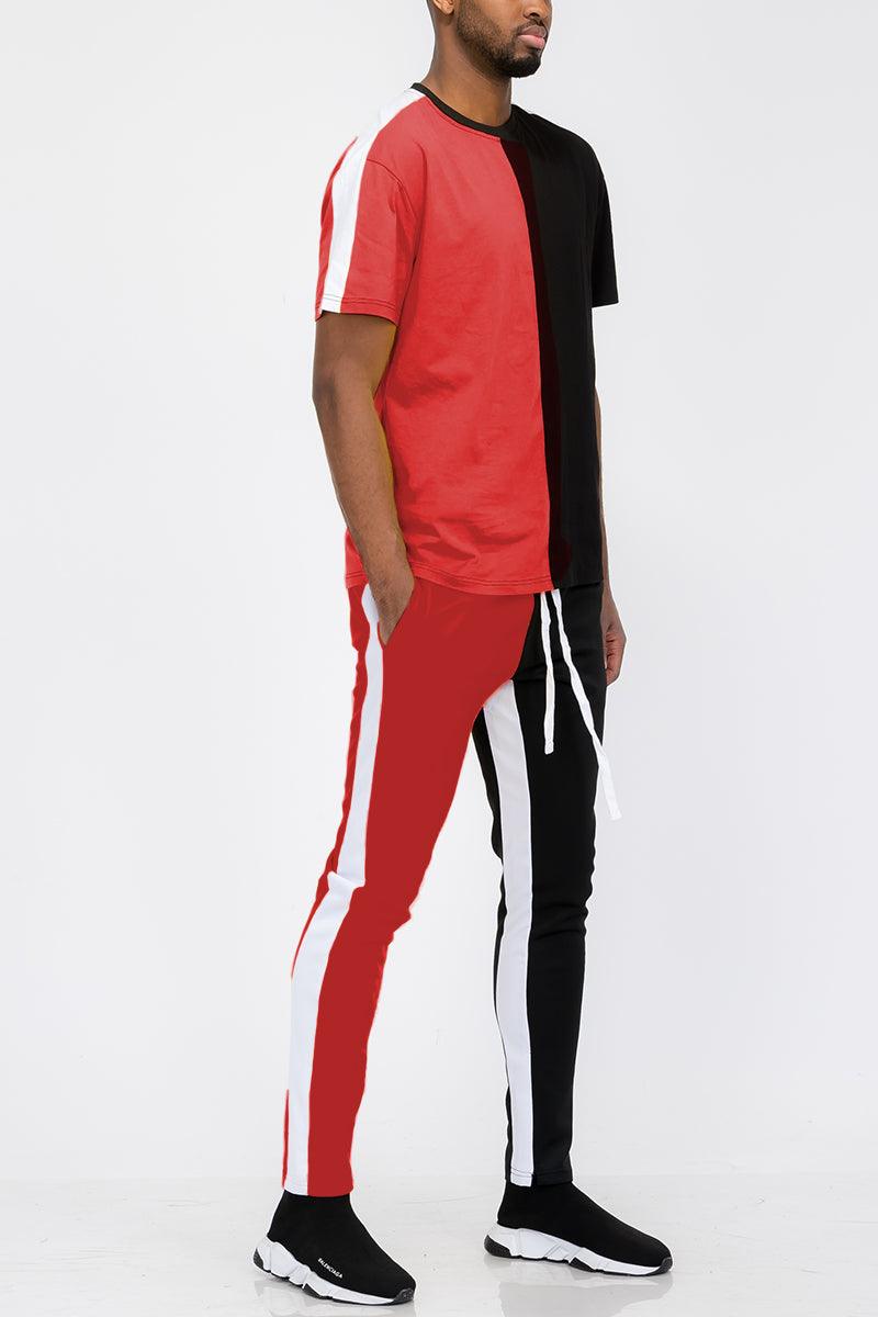 Men's Activewear Mens Red Black Two Way Split Tshirt Pants Set