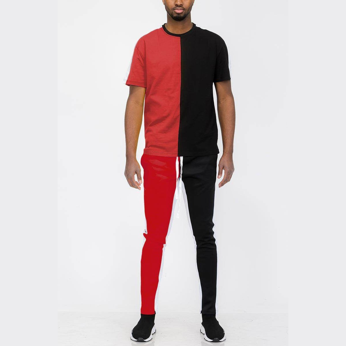 Mens Red Black Two Way Split Tshirt Pants Set - VacationGrabs