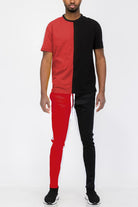 Men's Activewear Mens Red Black Two Way Split Tshirt Pants Set