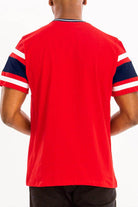 Men's red casual t-shirt with blue and white striped sleeves for a trendy summer look