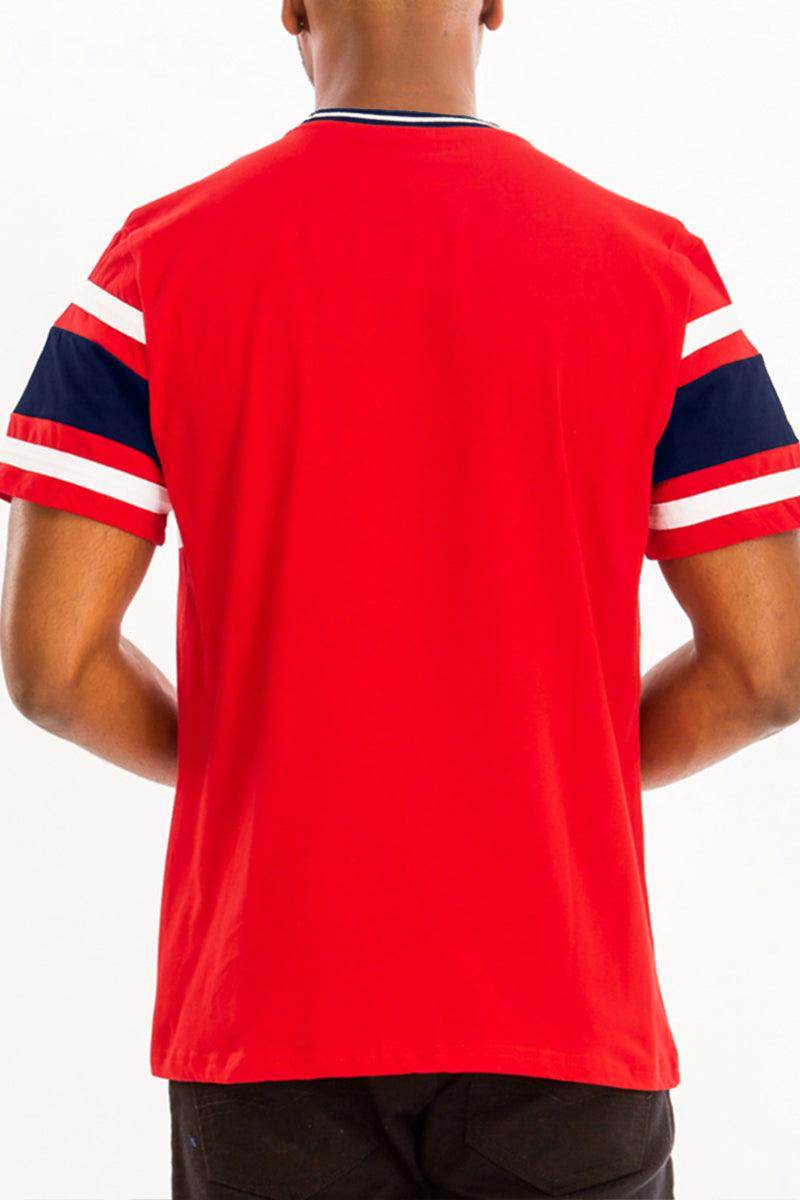 Men's red casual t-shirt with blue and white striped sleeves for a trendy summer look