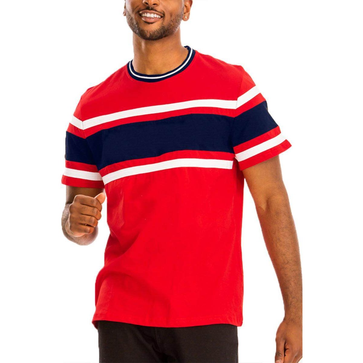 Men's red casual t-shirt with navy blue stripes, perfect for a stylish summer look
