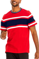Men's red casual t-shirt with navy blue stripes, perfect for a stylish summer look