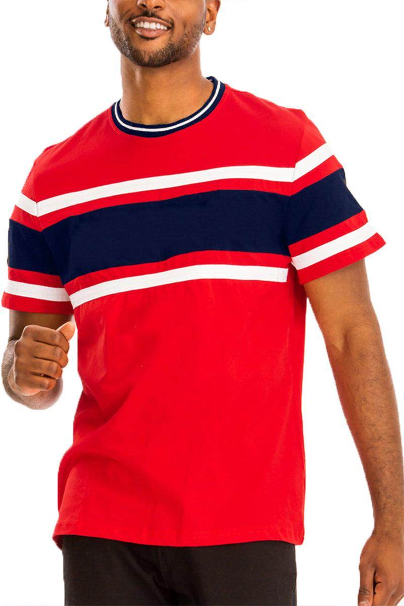 Men's red casual t-shirt with navy blue stripes, perfect for a stylish summer look