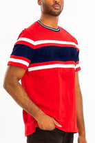 Mens red casual t-shirt with navy and white stripes for a stylish and comfortable look