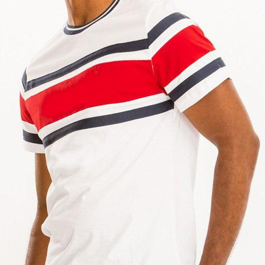 Men's Shirts - Tee's Mens Red Chest Tri Color Block T-shirt