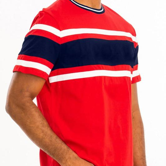 Men's Shirts - Tee's Mens Red Chest Tri Color Block T-shirt