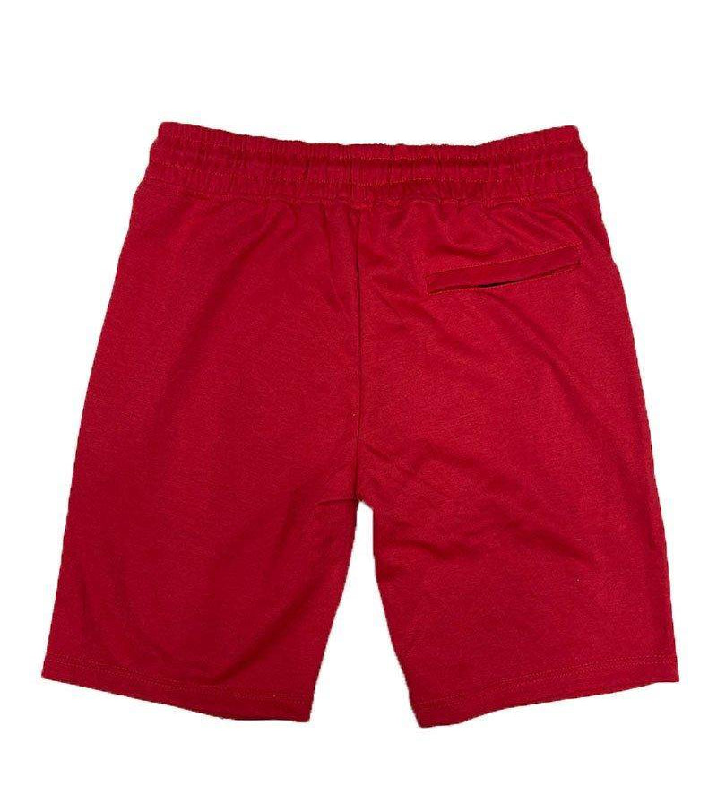 Men's red cotton shorts with elastic waistband and a back pocket from VacationGrabs