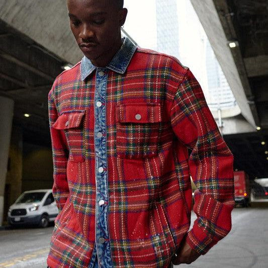 Men's Shirts - Flannels Mens Red Flannel Shacket With Denim Contrast Shirt