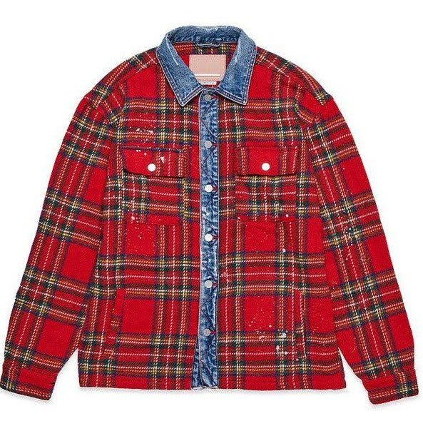 Men's Shirts - Flannels Mens Red Flannel Shacket With Denim Contrast Shirt