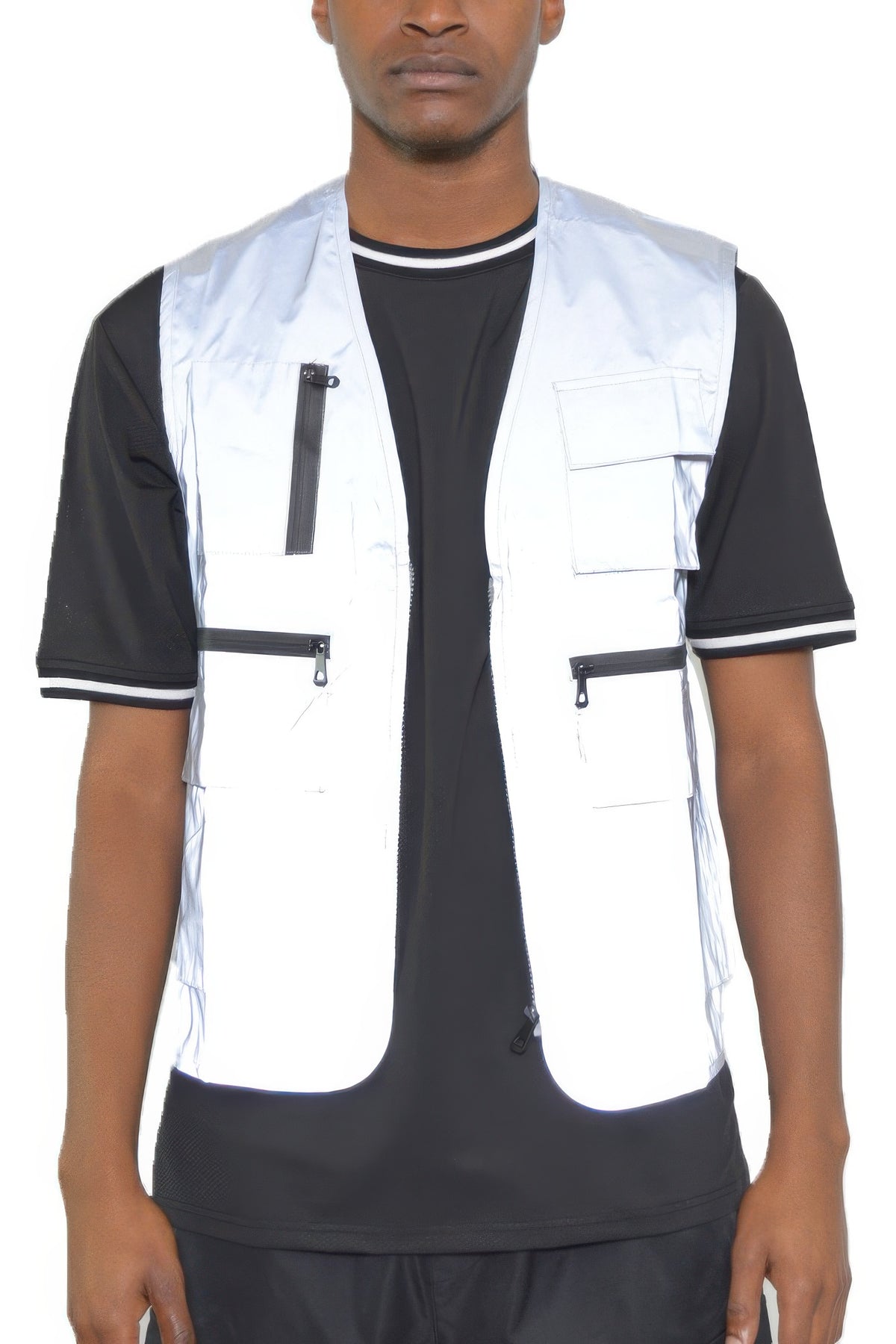 Men's reflective utility vest worn, full view