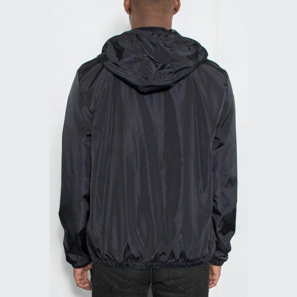 Back view of a Men's Reflective Windbreaker Jacket in Black, perfect for outdoor activities