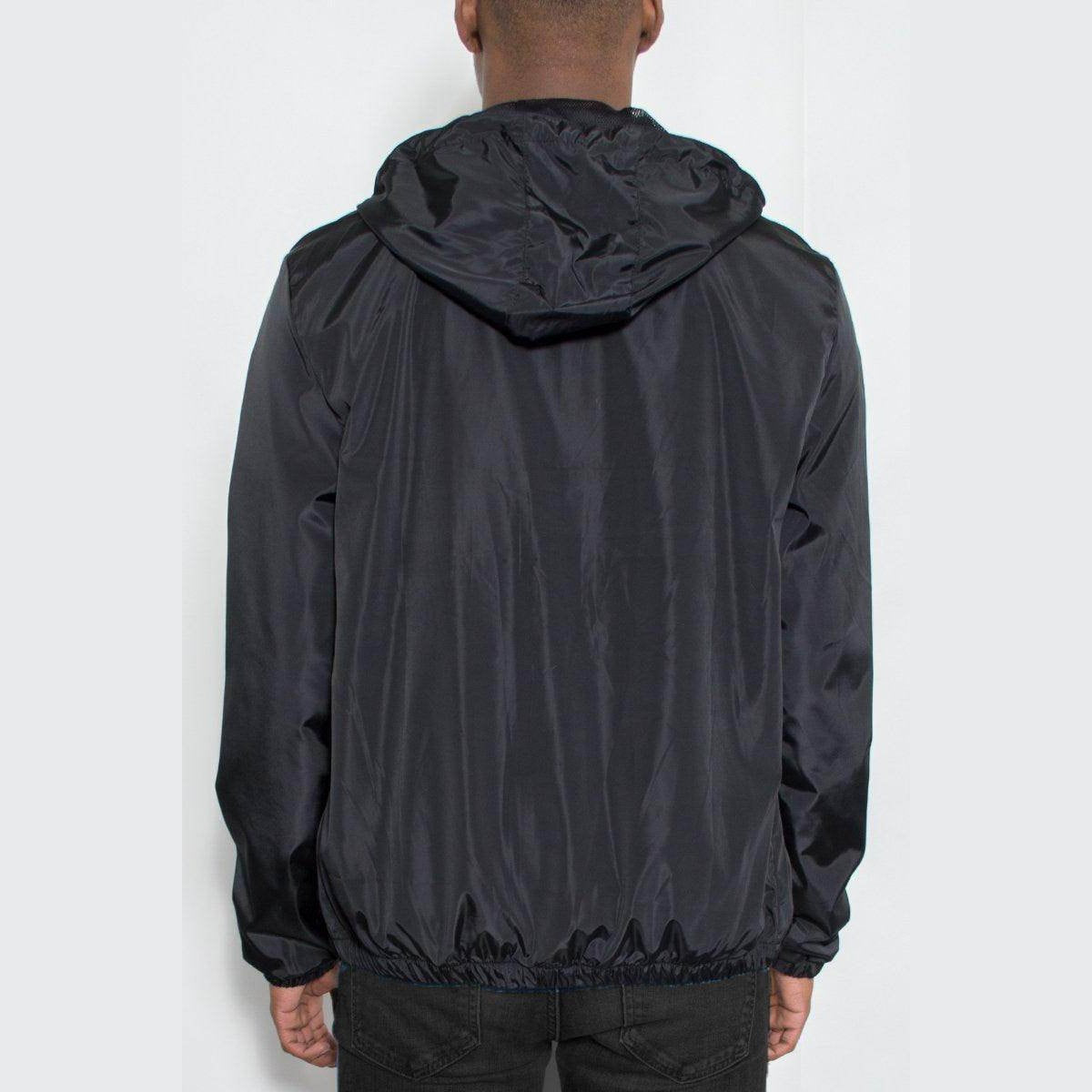 Back view of a Men's Reflective Windbreaker Jacket in Black, perfect for outdoor activities