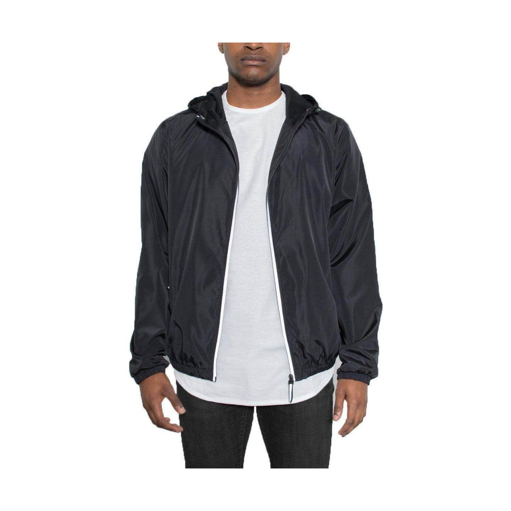 Men's reflective windbreaker jacket in black with adjustable hood and zippered pockets