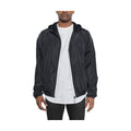 Men's reflective windbreaker jacket in black with adjustable hood and zippered pockets