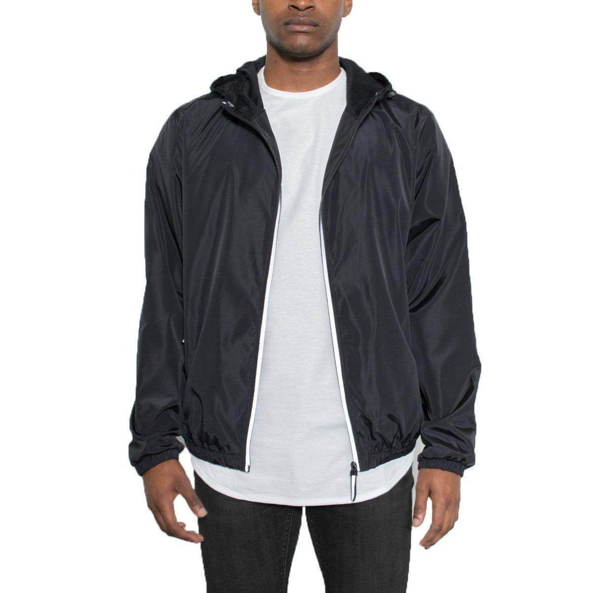 Men's reflective windbreaker jacket in black with adjustable hood and zippered pockets