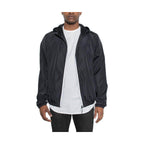 Men's reflective windbreaker jacket in black with adjustable hood and zippered pockets