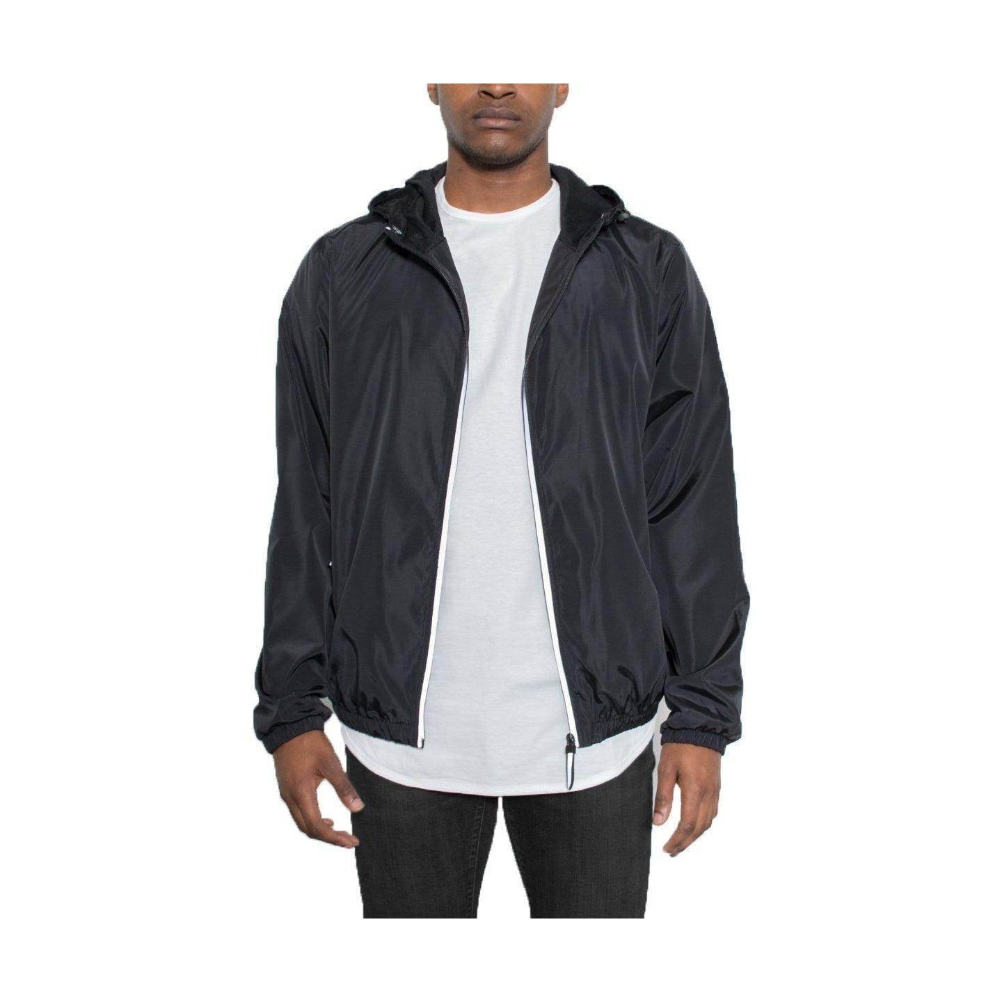 Men's reflective windbreaker jacket in black with adjustable hood and zippered pockets