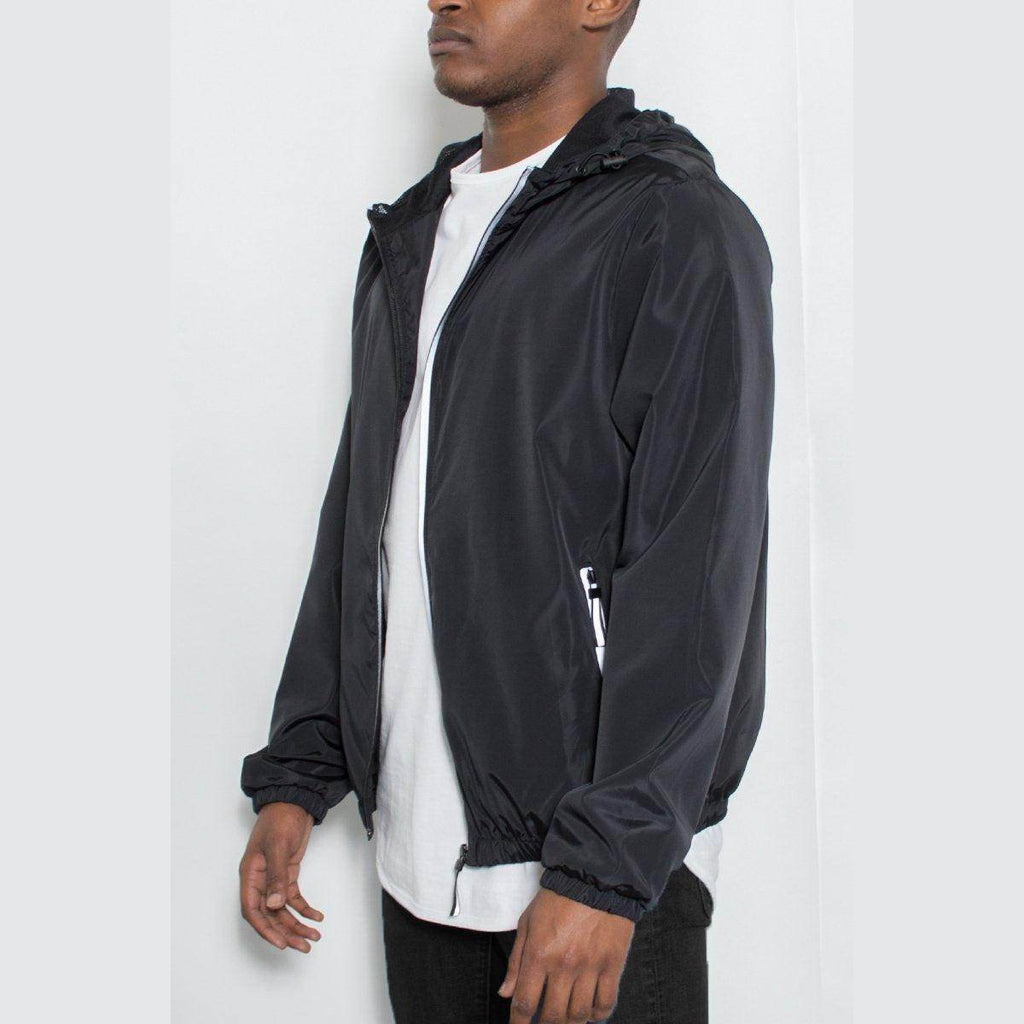 Men's reflective windbreaker jacket in black with adjustable hood and front pockets for outdoor activities