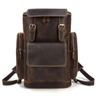 Mens retro laptop backpack in brown leather with multiple pockets and adjustable straps for travel