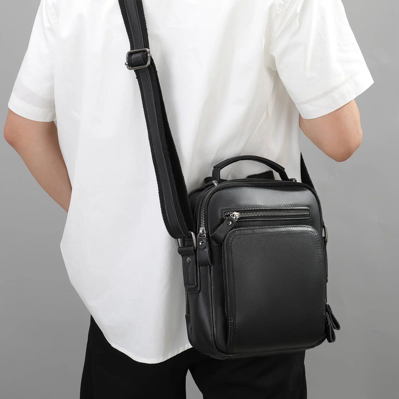 Stylish black mens retro leather shoulder bag with adjustable strap and multiple pockets