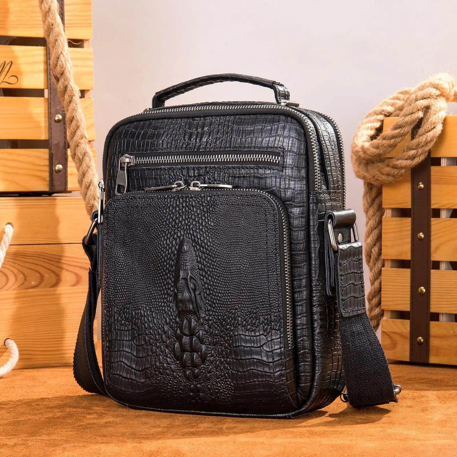 Mens retro leather shoulder bag with crocodile texture and adjustable strap for stylish travel