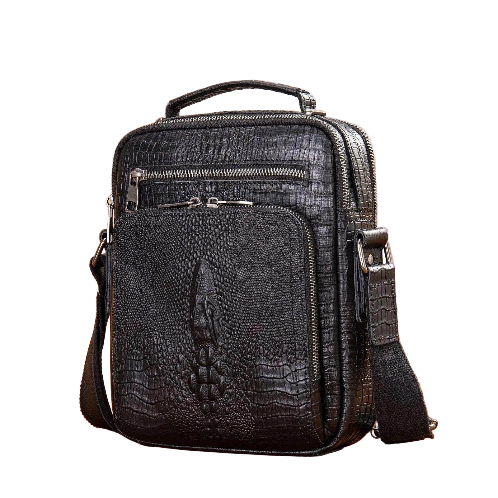 Mens retro leather shoulder bag with crocodile texture and adjustable strap for stylish travel
