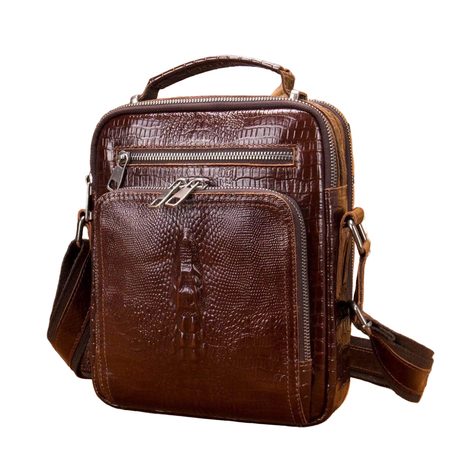 Mens retro leather shoulder bag in brown with textured finish and adjustable strap for casual use