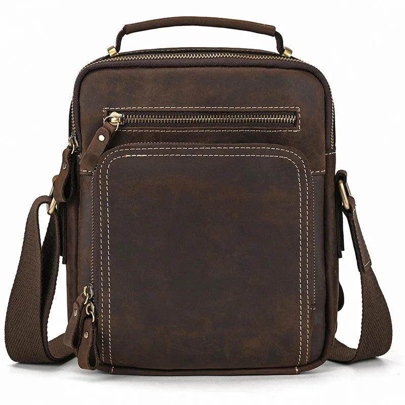 Mens retro leather shoulder bag in dark brown with multiple zippered pockets and adjustable strap
