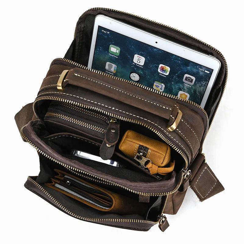 Mens retro leather shoulder bag with multiple compartments for organization and stylish design