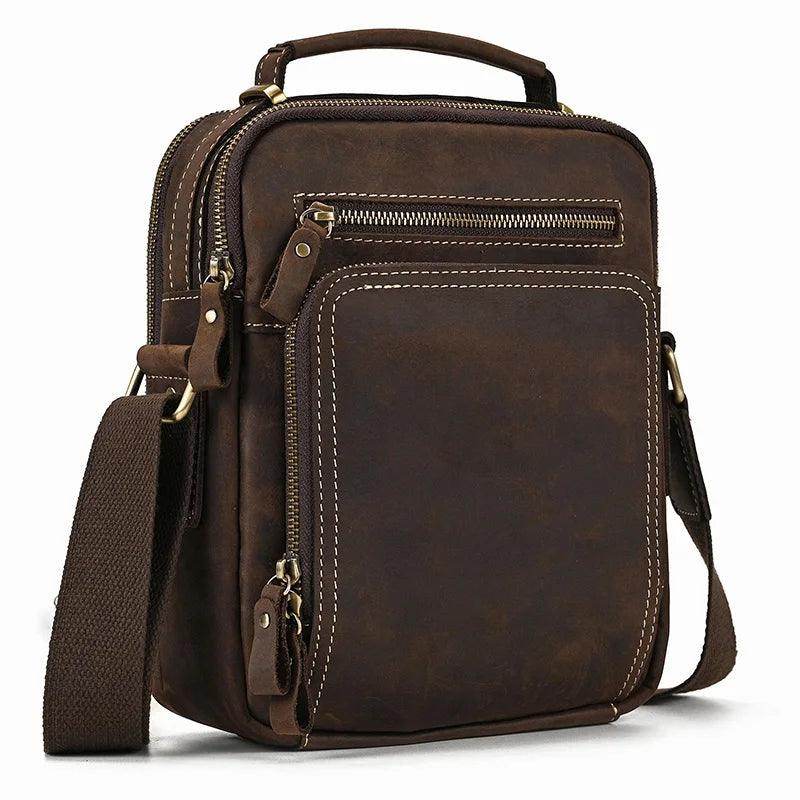 Mens retro leather shoulder bag from VacationGrabs with multiple zippered pockets and sturdy straps
