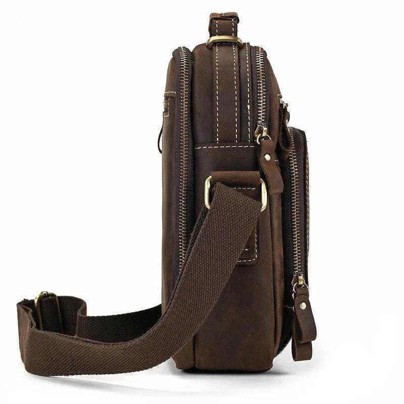 Mens retro leather shoulder bag with adjustable strap and zipper pockets for daily use