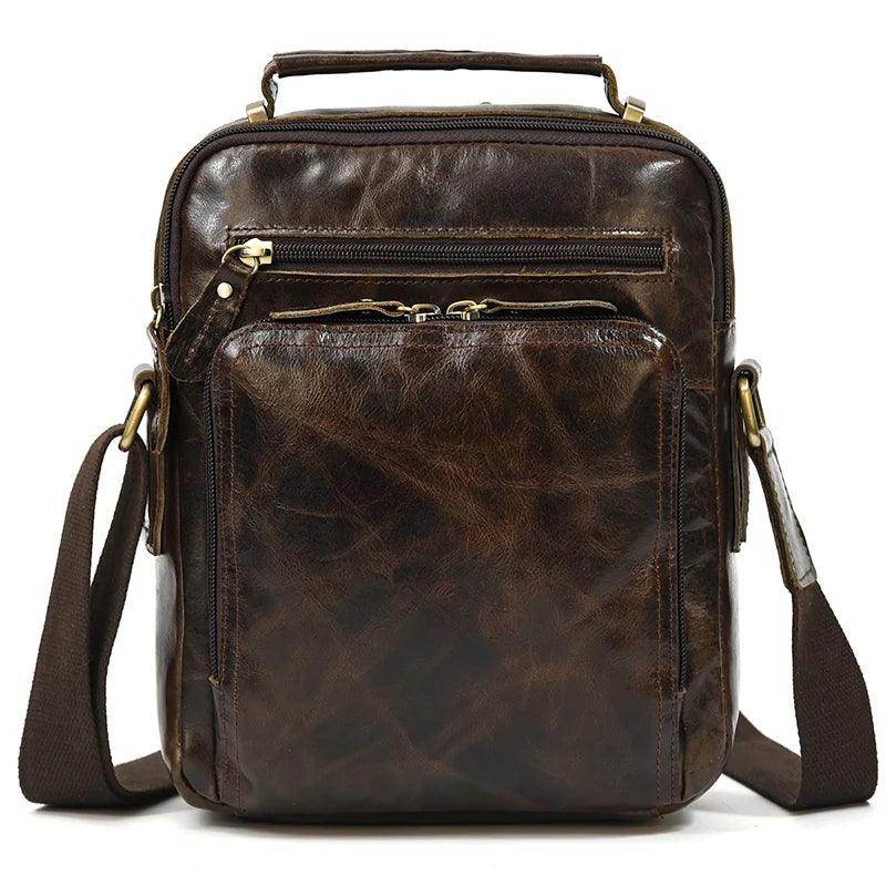 Mens retro leather shoulder bag with multiple pockets and a sturdy design for everyday use