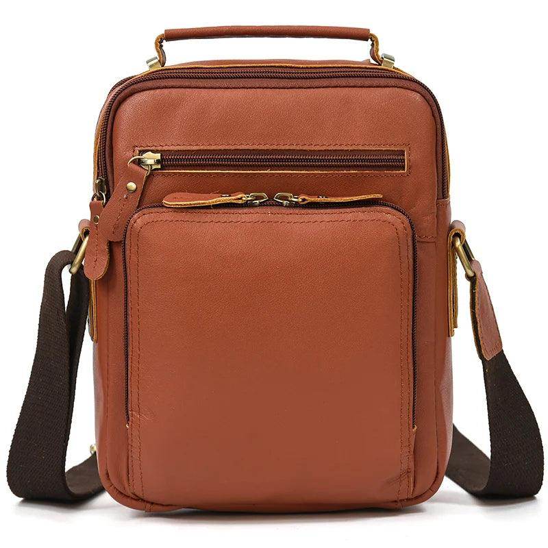 Mens retro leather shoulder bag in brown with multiple zippers for convenience and style