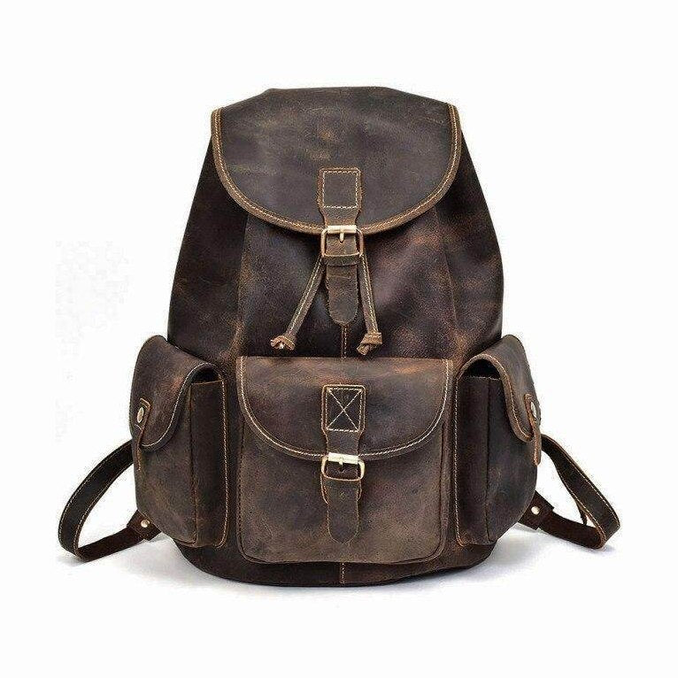 Mens retro rucksack by VacationGrabs featuring a vintage leather design with multiple pockets