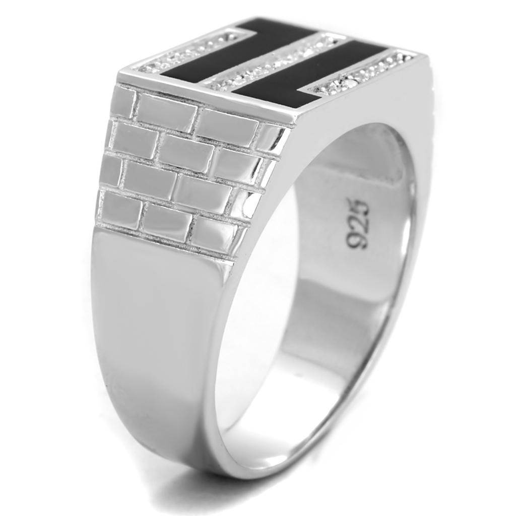 Men's rhodium 925 sterling silver ring featuring a sleek brick-pattern design and black accents